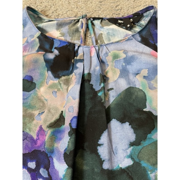 Disigual Floral Pleated Blouse S Blue Purple Long Sleeve Smocked Pullover Boho - Picture 5 of 12